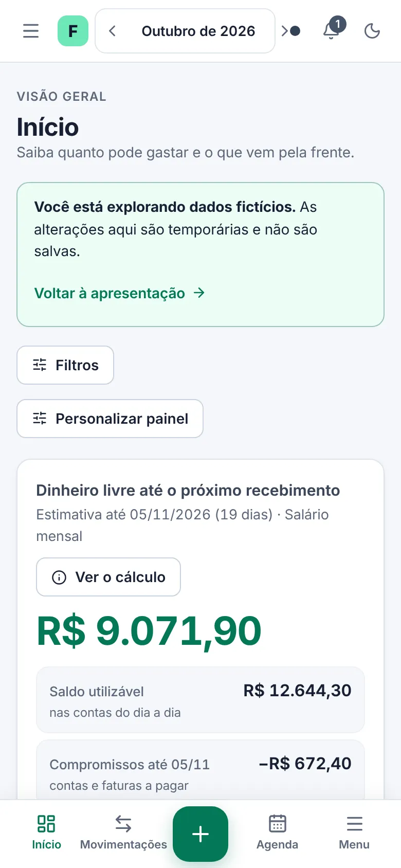 Tela Início do Finance OS no celular, com dados de demonstração e o botão Novo lançamento.